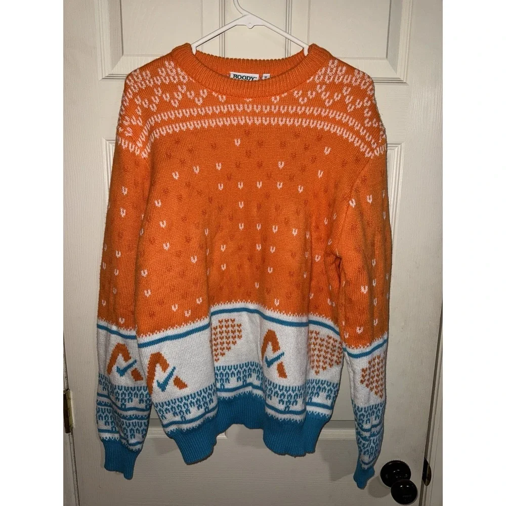 ROODY  Mens Orange Teal Christmas Winter Sweater Crewneck Pullover Hearts Checks